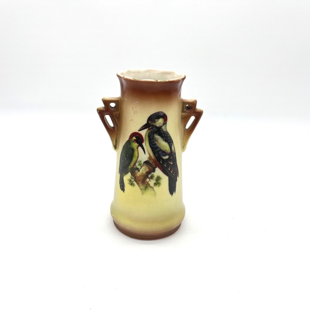 Antique Made in Czechoslovakia Woodpecker Bird Pottery Bud Vase Yellow 5.5"